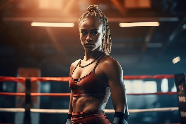 Boxer donna nera determinata in piedi nel ring di boxe