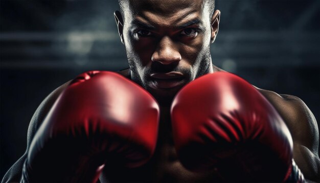 Boxer in azione Giovane boxer afroamericano sicuro di sé in posa e pronto a combattere allo stadio