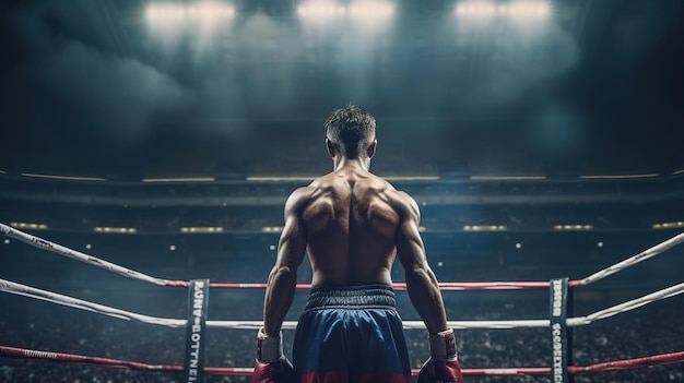 Boxer in piedi pronto nel mezzo dello stadio di boxe come ampio banner con copyspace areGenerative Ai