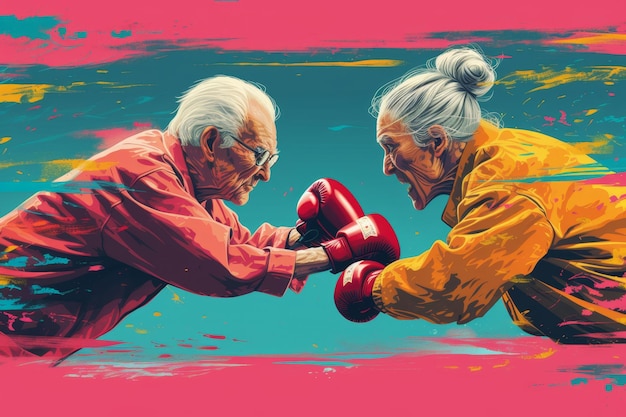 Boxing tra due anziani in pensione che lottano per la vittoria Rivali d'affari Illustrazione