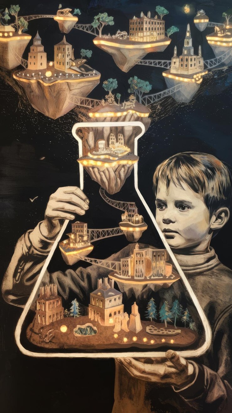 Boy holding flask with illuminated landscape in it mixed media