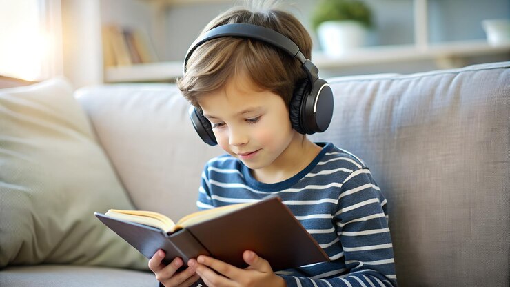 boy with headphones reading