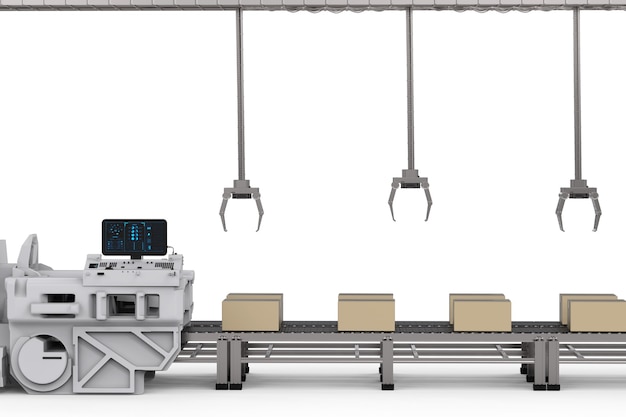 Bracci robotici di rendering 3D con scatole su nastro trasportatore in fabbrica