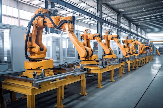 Bracci robotici sulla catena di montaggio Trasportatore automatizzato in fabbrica Creato con l'IA generativa