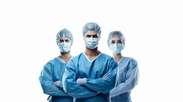 Braccia dell'uniforme della squadra asiatica dei chirurghi incrociate isolate su bianco