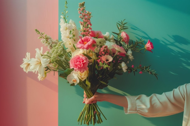 Braccio che estende un'arrangiamento floreale vario ed elegante su uno sfondo gradiente