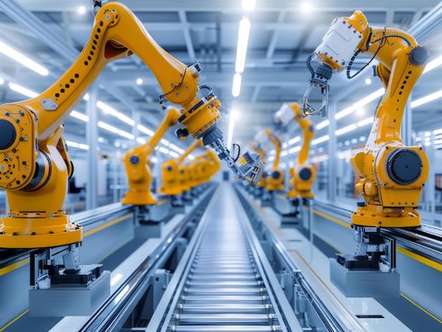 Braccio di robot industriale giallo alla linea di produzione in una moderna fabbrica braccio di robot giallo in manutenzione