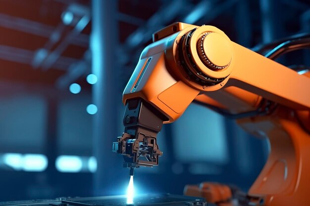 Braccio robot che lavora con il monitor dello schermo controlla la linea del braccio del robot della macchina industriale Generative AI