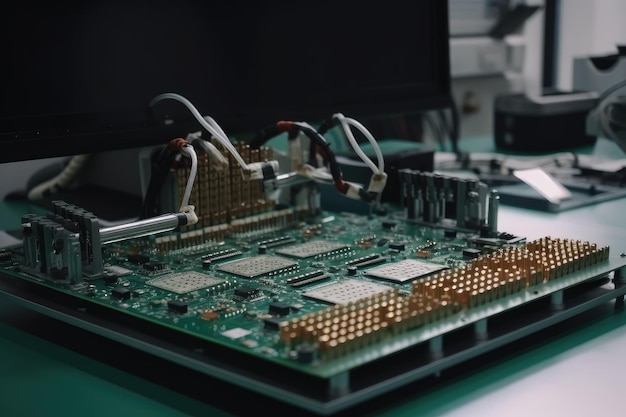 Braccio robotico che assembla circuiti stampati complessi in una fabbrica high-tech
