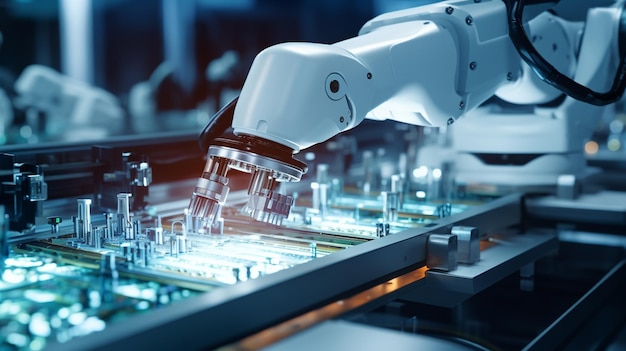braccio robotico che lavora in una futuristica fabbrica ad alta tecnologia per la tecnologia di automazione dell'assemblaggio di prodotti complessi