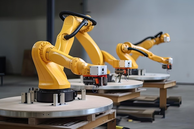 Braccio robotico che sposta il prodotto in una posizione diversa nella fabbrica creata con l'IA generativa
