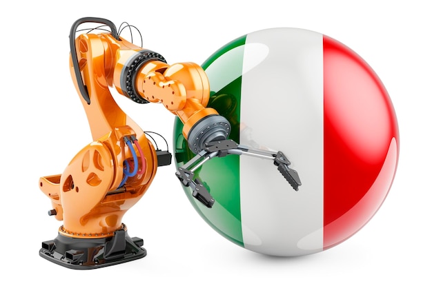 Braccio robotico con bandiera italiana Industria tecnologica moderna e produzione in Italia concetto rendering 3D