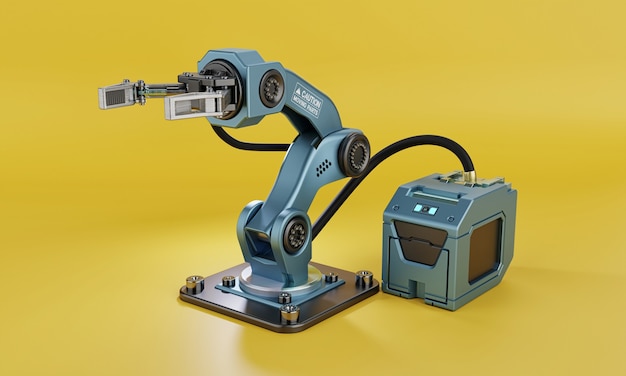 Braccio robotico con impugnatura e alimentatore per la produzione di impianti industriali su sfondo giallo. Tecnologia e concetto futuristico. Intelligenza artificiale e Iot. Rendering di illustrazioni 3D