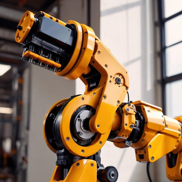 Braccio robotico industriale per la produzione automatizzata in una moderna fabbrica futuristica ad alta tecnologia