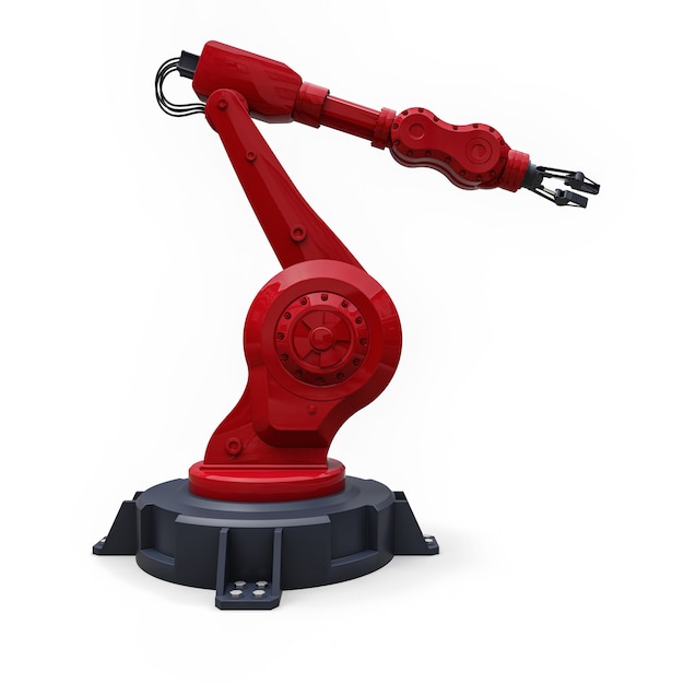 Braccio rosso robotizzato per qualsiasi lavoro in fabbrica o produzione. Attrezzature meccatroniche per compiti complessi. Illustrazione 3D