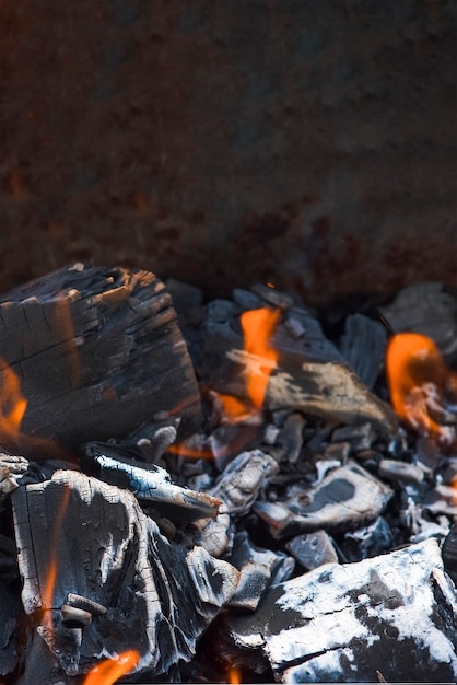 Braci del falò. Carboni per barbecue con fuoco. Primo piano del processo di combustione di legna, carbone di legna per barbecue