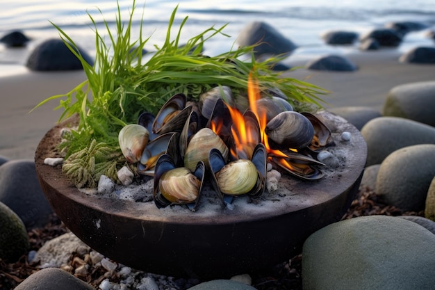 Braciere per barbecue sulla spiaggia con quahog e contorno di alghe creato con intelligenza artificiale generativa