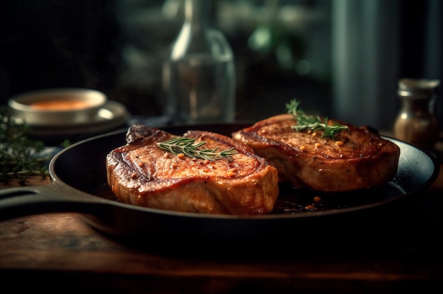 Braciole di maiale con osso alla griglia o in padella con rosmarino all'aglio ed erbe fini generate dall'IA