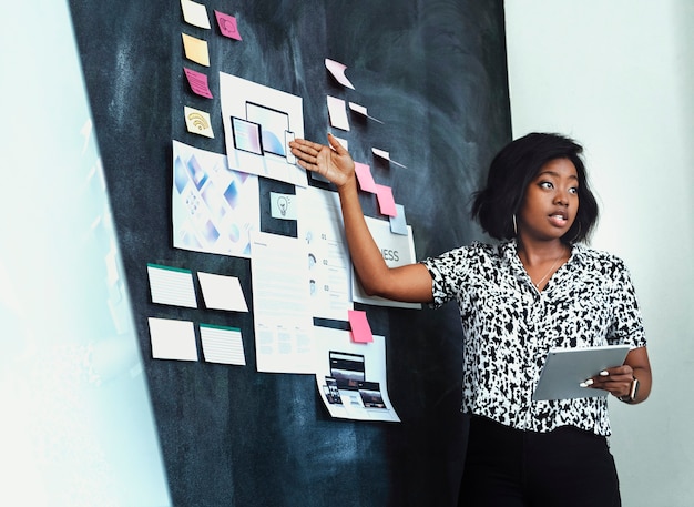 Brainstorming della donna di affari usando una lavagna