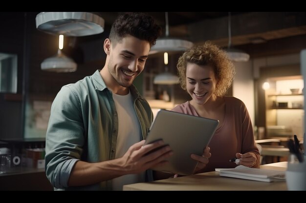 Brainstorming dipendenti positivi uomini d'affari colleghi persone una donna e un uomo lavoro di squadra