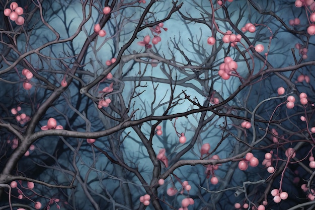 Branchi di alberi con bacche rosse su uno sfondo blu Tonato