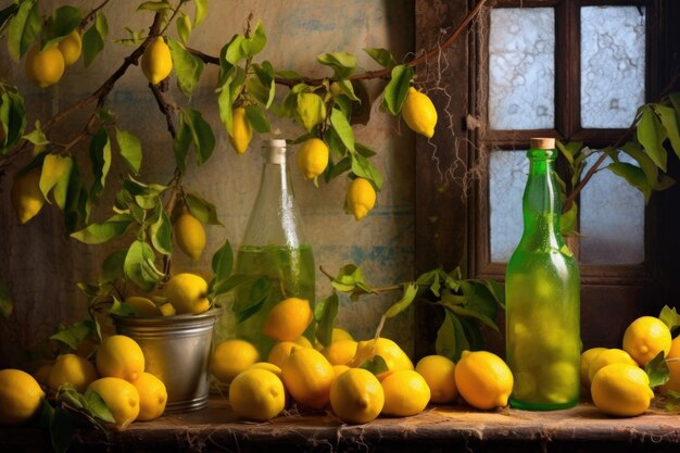 Branchi di limoni con limoni maturi su bottiglie di limoncello create con ai generativi