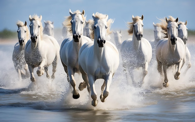 Branco di cavalli bianchi della Camargue che corrono nell'acqua Francia