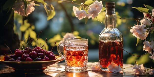 Brandy di ciliegio fatto in casa in bicchieri e in bottiglia su un tavolo di legno in un giardino estivo