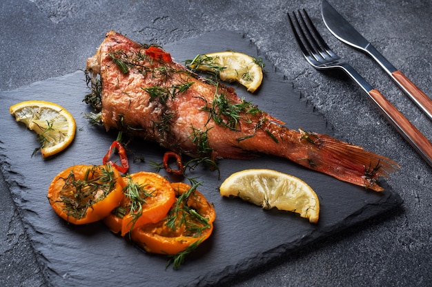 Branzino al forno con pomodoro pepe limone ed erbe su ardesia nera stanno su oscurità