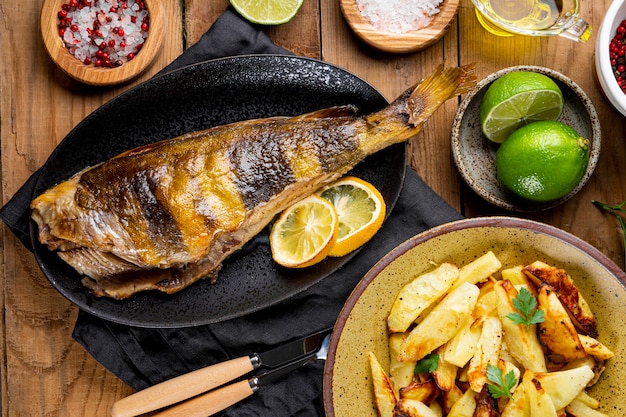 Branzino al forno o lingcod pesce con patate sulla tavola di legno