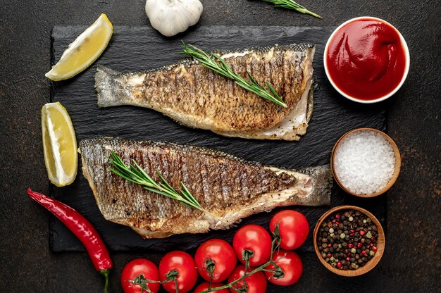 branzino alla griglia con spezie su un tavolo di pietra