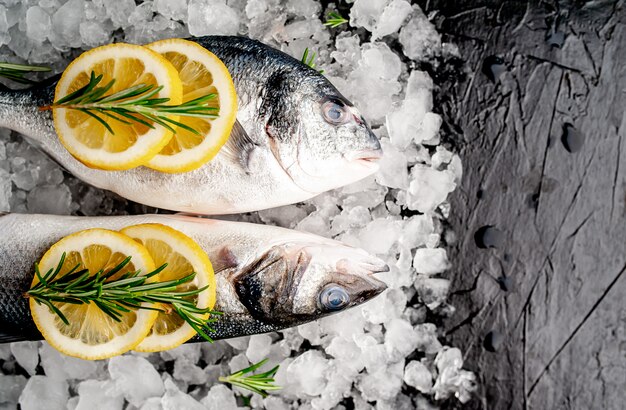 branzino crudo freddo e pesce dorado con limone e rosmarino su ghiaccio, su uno sfondo di pietra