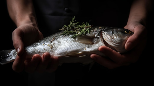 Branzino crudo tenuto dalla mano di uno chef