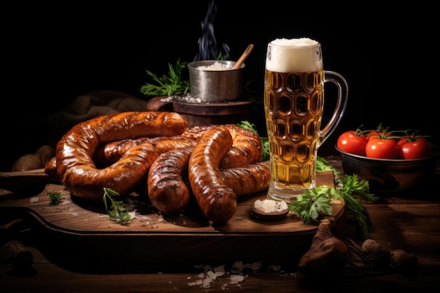 Bratwurst bavarese con pretzel e birra