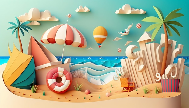 Breezy Beachfront Un'illustrazione giocosa di una spiaggia Generative AI