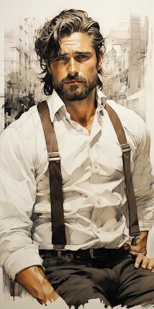bretelle della barba dell'uomo di Hollywood che si siedono lunghi capelli da lupo tra il bianco fine siriano della vita reale