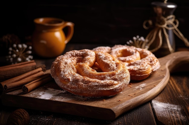 Brezel con cannella e zucchero a bordo creato con ai generativo