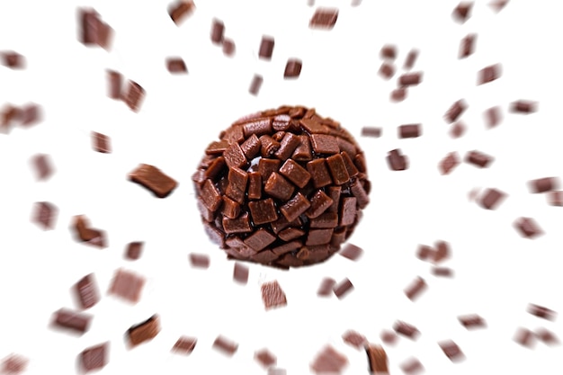 Brigadeiro con granelli di cioccolato sparsi su fondo bianco.