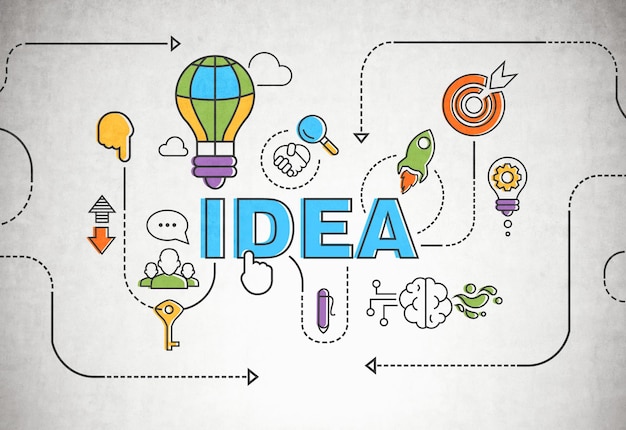 Bright and colorful idea sketch drawn on a concrete wall. Concept of brainstorming in business and life in general.