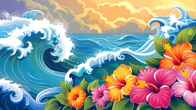 Bright colorato sfondo estivo tropicale hawaiano in stile cartone animato Illustrazione con onde e hib