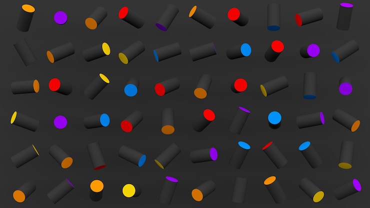 Photo bright colorful cylinders. gray background. abstract illustration, 3d render.