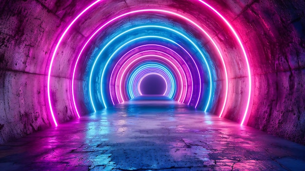 Bright Neon Tunnel Corridoio futuristico con luci vibranti Disegno spaziale astratto e moderno