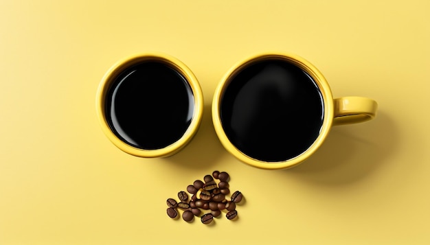 Brillantezza della preparazione Chicchi di caffè blu eccezionali che modellano una tazza su sfondo giallo pastello Minimo