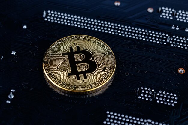 Brillantezza fisica Bitcoin su scheda elettronica nera con messa a fuoco selettiva e sfocatura