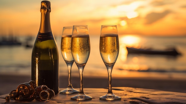 Brinda alla bella vita Festeggia con bottiglie di champagne e due bicchieri di vino su un tavolo IA generativa