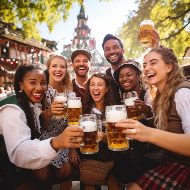 brindando in un giardino di birra bavarese un gruppo di amici felici che bevono e brindano alla birra in bavarese