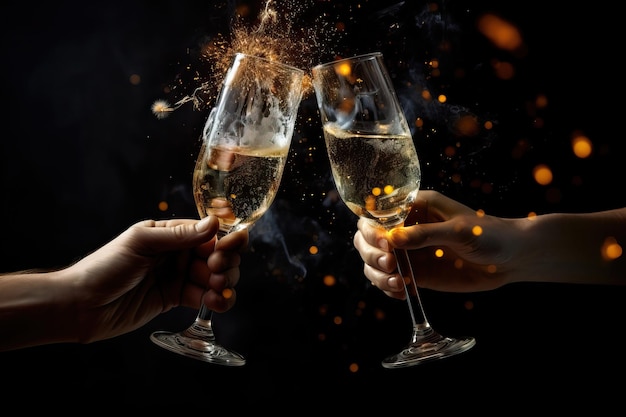 Brindisi allo champagne di Capodanno con fuochi d'artificio creato utilizzando strumenti generativi di IA