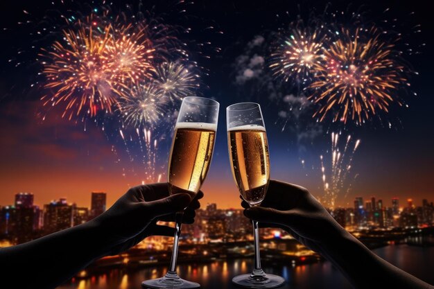 Brindisi con champagne la vigilia di Capodanno e fuochi d'artificio sullo sfondo generativo AI