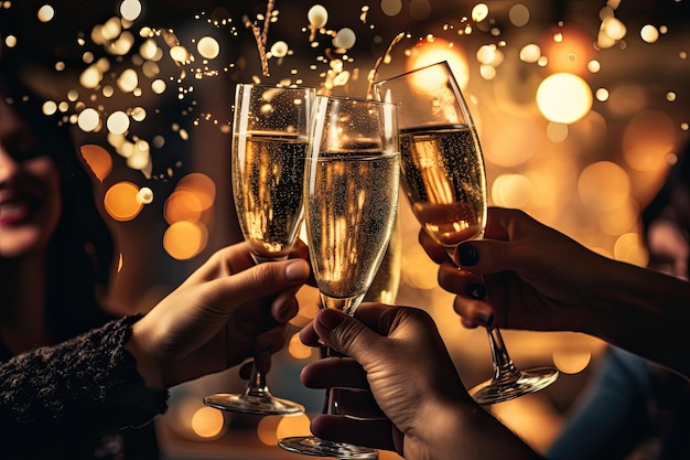 Brindisi di Capodanno con auguri di felicità gente che fa tintinnare bicchieri di gustoso champagne IA generativa