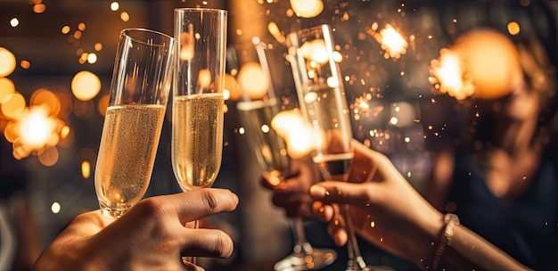 Brindisi di Capodanno con auguri di felicità gente che fa tintinnare bicchieri di gustoso champagne IA generativa